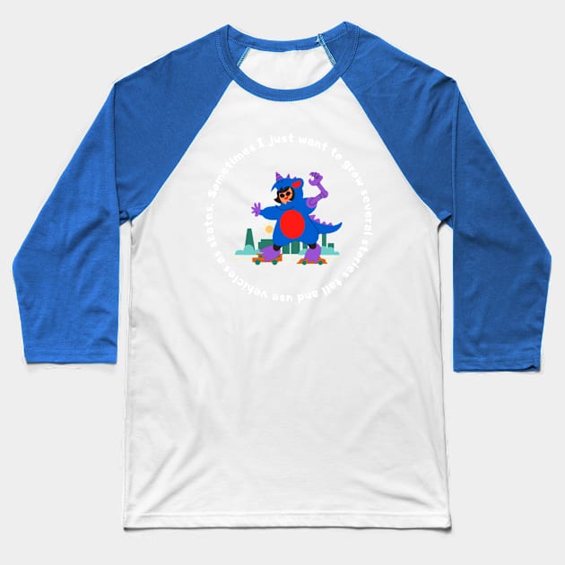 Kaiju Girl Using Vehicles As Roller Skates (MD23QU008) Baseball T-Shirt by Maikell Designs